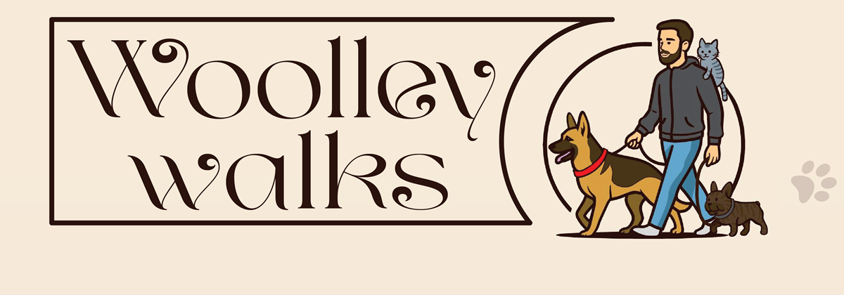 Woolley Walks logo with Ronan walking dogs